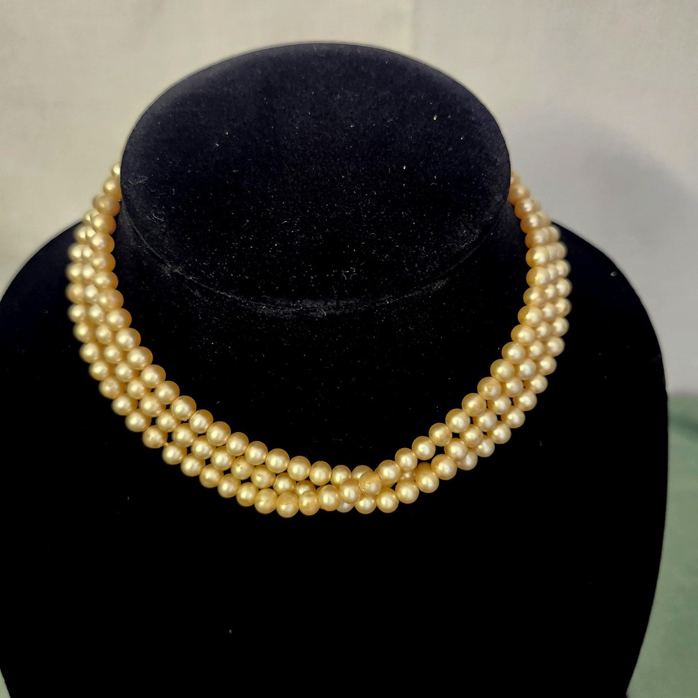 1950s Vintage Faux Pearl Collar Necklace 3 Strand with Silvertone Clasp - Picture 1 of 4